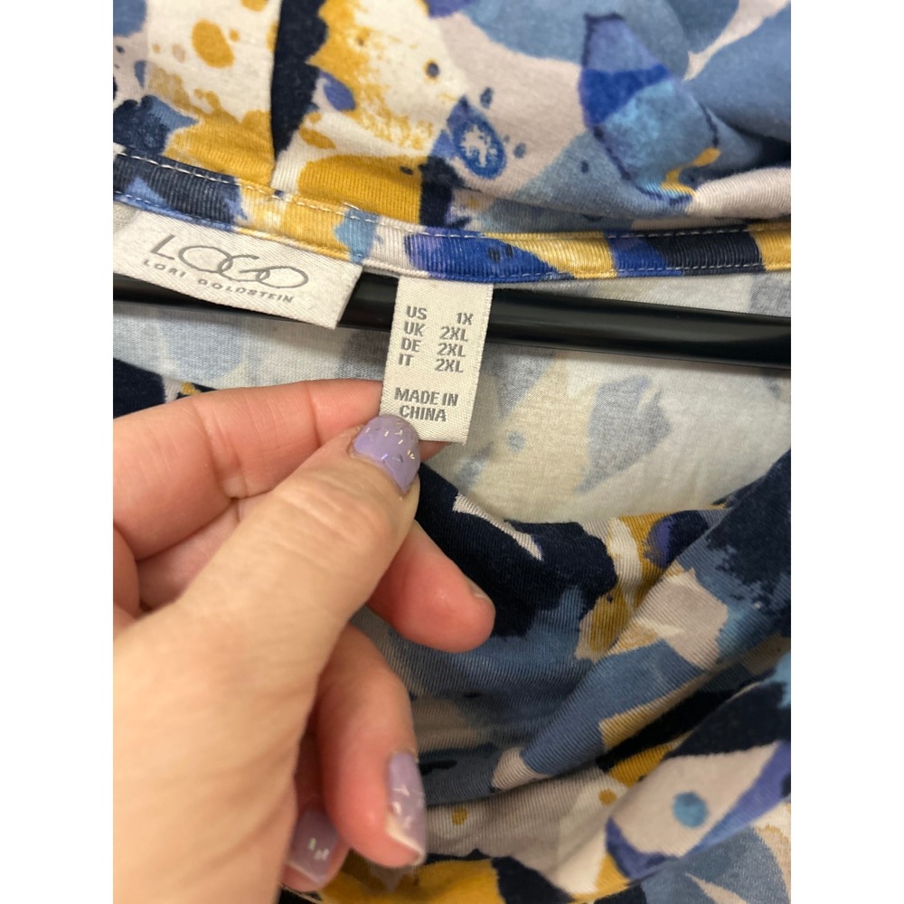 LOGO Lori Goldstein Cowl Neck Ruffle Hem Tunic Abstract Floral Blue Yellow 1X - Picture 5 of 7